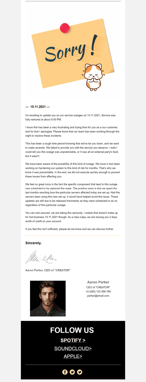 Service Outage Apology Email Template